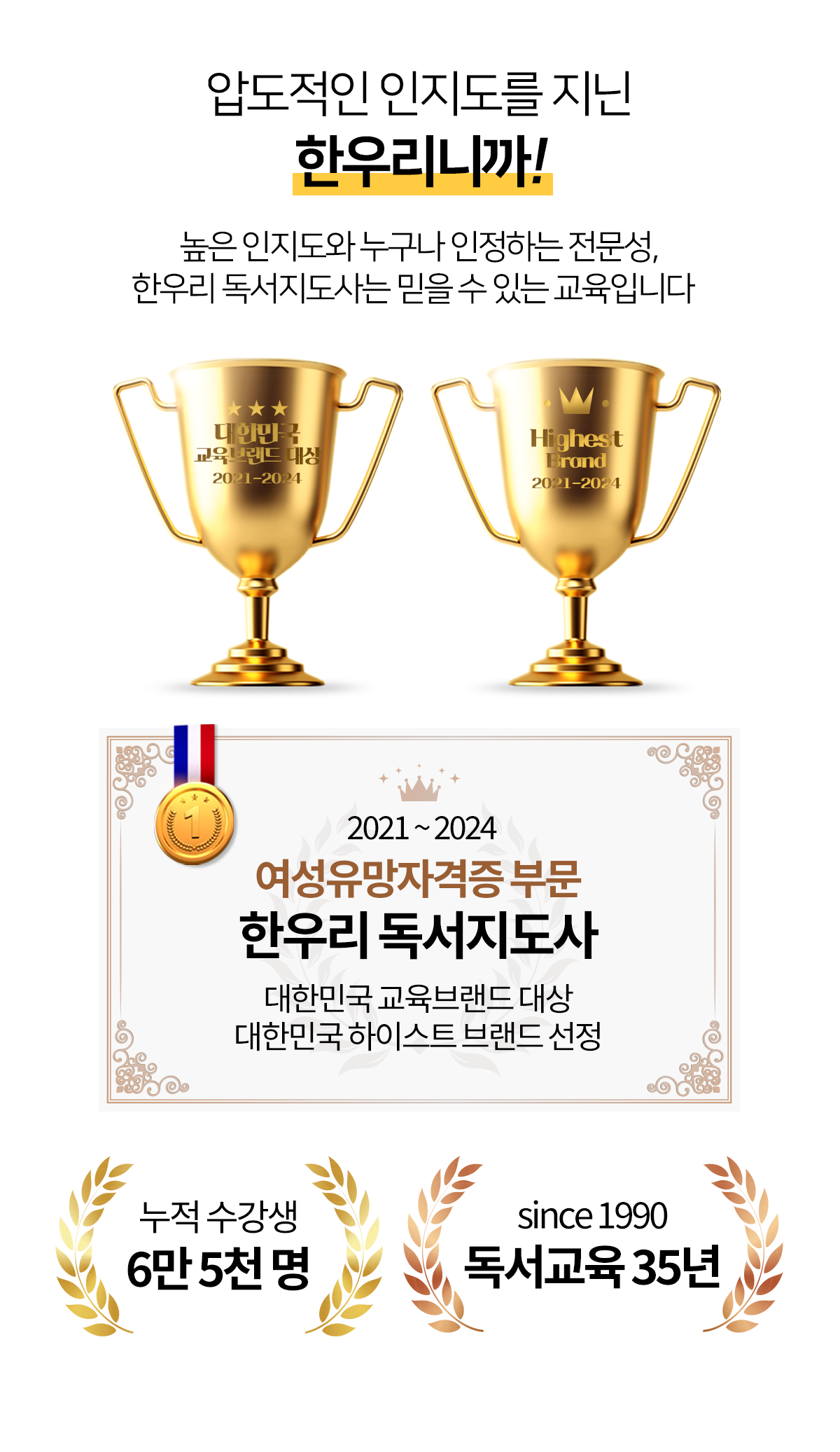 압도적인 인지도를 지닌 한우리니까! 2021~2024 여성유망자격증부문 한우리 독서지도사 대한민국 교육브랜드 대상 & 하이스트 브랜드 대상